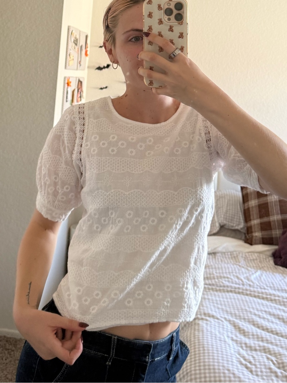 Classic White Lace-Trim Puff Sleeve Top